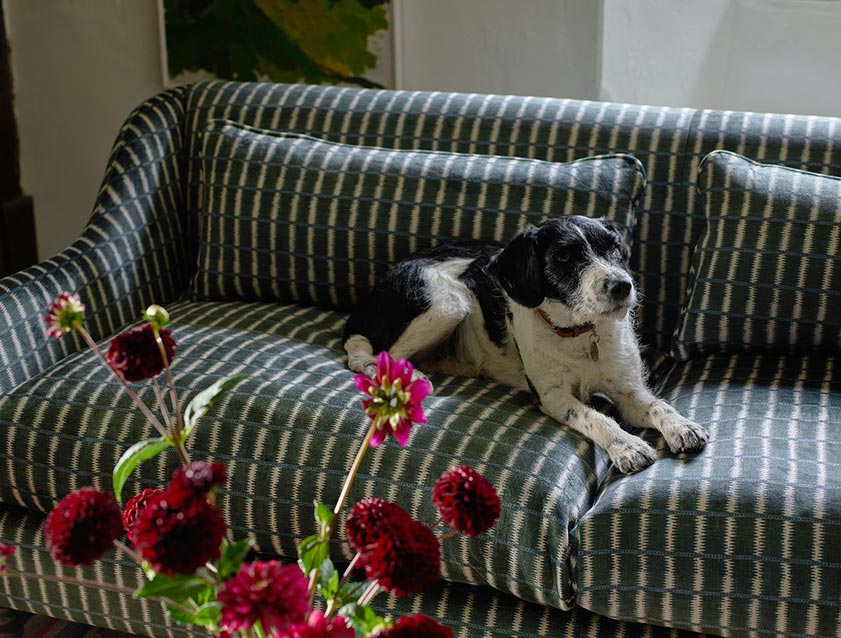 Cromer 3 Seater Sofa in V&A Threads of India Opulent Velvets Ikat Mirage Hunter fabric detail